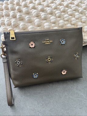 Coach Moss Floral Grommet Leather Clutch with Brass Hardware